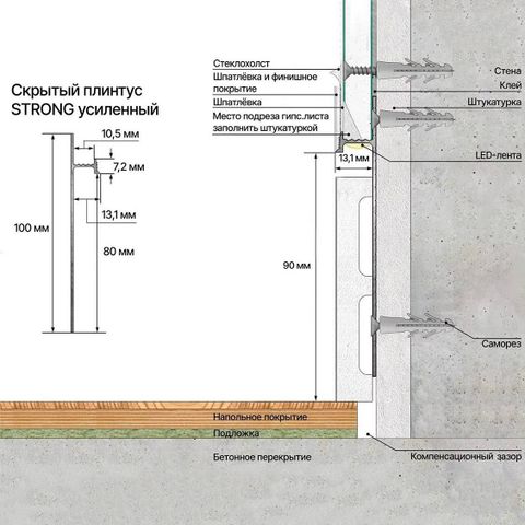 Скрытый плинтус Laconistiq Strong усиленный под подсветку Без покрытия (80х13,1х3000мм) 