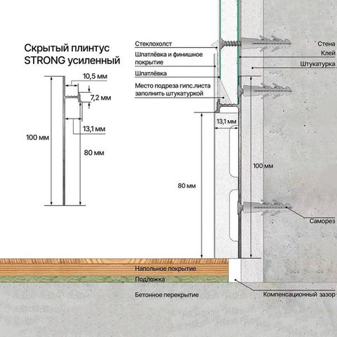 Скрытый плинтус Laconistiq Strong усиленный под подсветку Без покрытия (80х13,1х3000мм) 