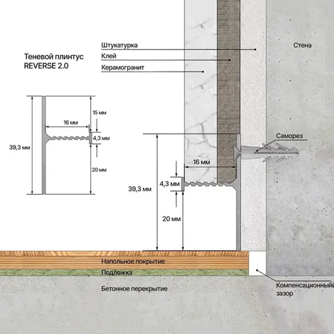 Теневой плинтус Laconistiq Reverse 2.0 для панелей и керамогранита Черный муар (39,3х16х3000мм) зазор 15/20мм 