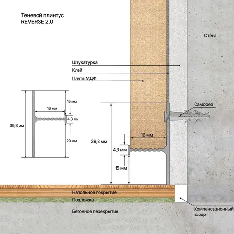 Теневой плинтус Laconistiq Reverse 2.0 для панелей и керамогранита Черный муар (39,3х16х3000мм) зазор 15/20мм 